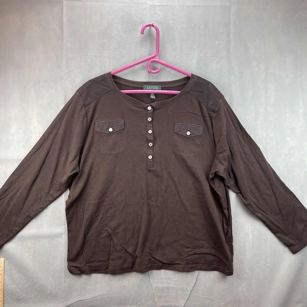 VTG Lauren Ralph Lauren Women's Brown long-sleeve Henley shirt Chest pockets 3X